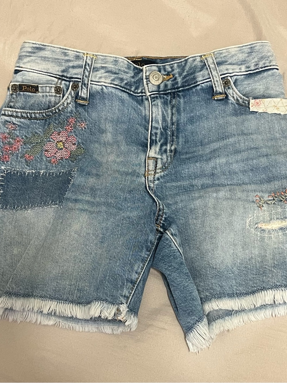 Polo by Ralph Lauren Girls Size 14 Light Blue Denim Shorts Embroidered Flowers